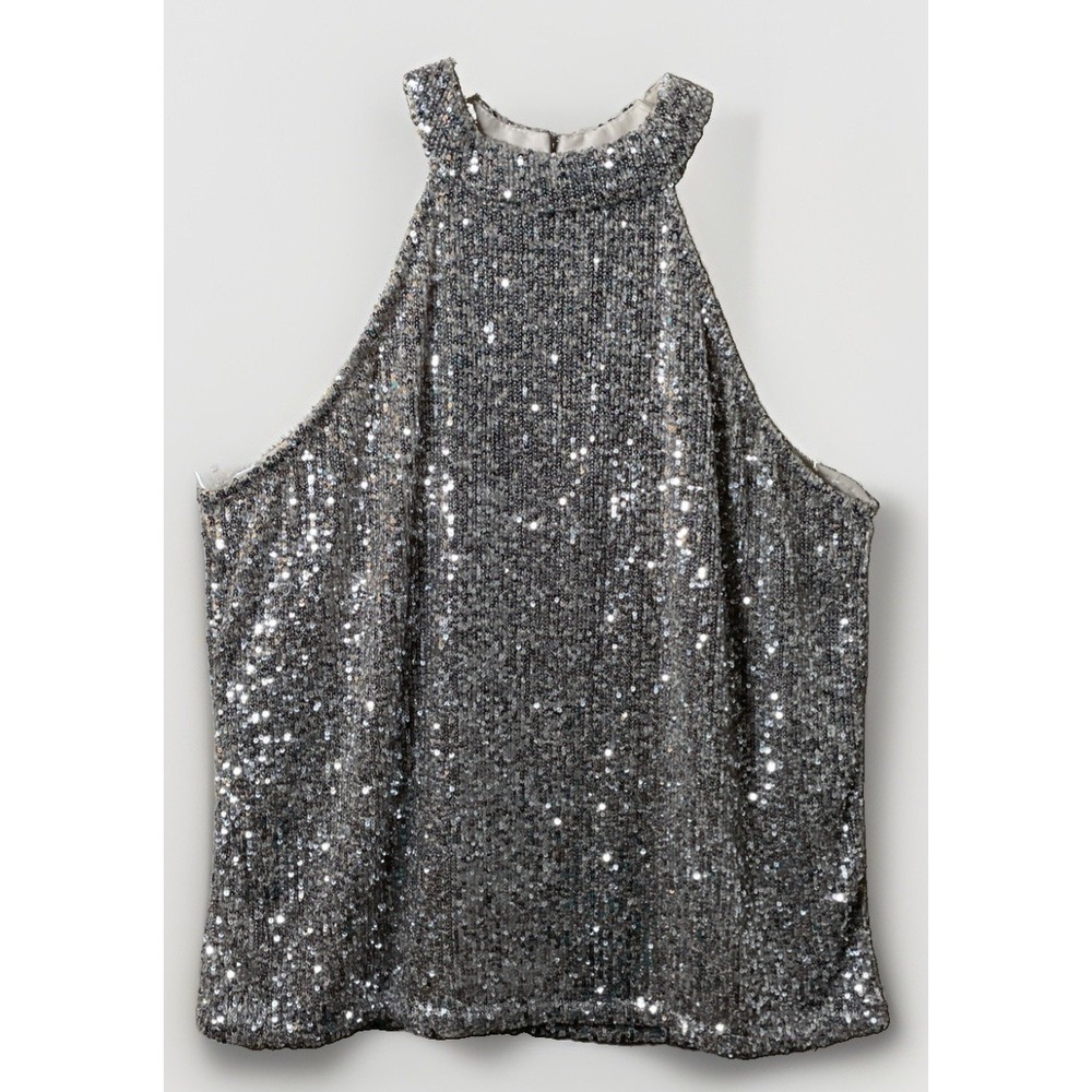 Cable & Gauge Silver Sequin Sleeveless Halter Neck Top Large  NWT Stretch Lined